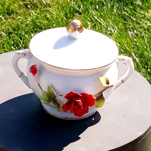Vintage Japan Ceramic Sugar Bowl with 3D Rose - Picture 3 of 10
